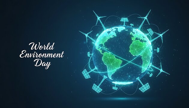 Digital earth connected by wind turbines and solar panels with world environment day text. world environment day low poly art. world environment day low poly art, eco technology planet concept