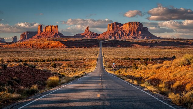 Endless desert highway leads to iconic sandstone mesas under a vast sky