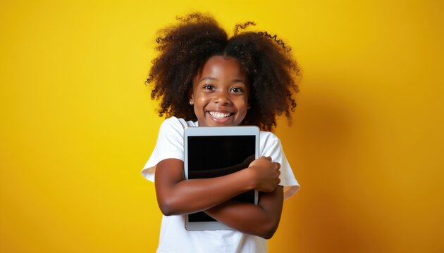 Young african american girl hugs tablet computer with excitement. She smiles brightly holding digital device in studio. Kid loves new tech gadget on yellow background.
