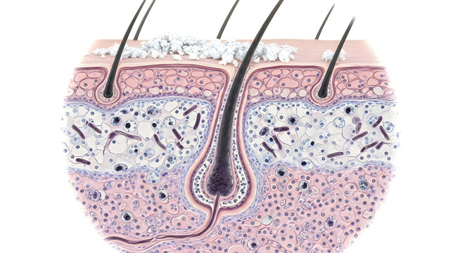 Close-up illustration of human skin layers, hair follicle, and skin cells, detailed vector art, medical education