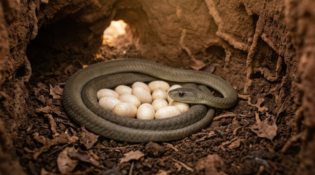A snake coiled around a nest of eggs in a cave.