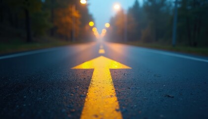 Fototapeta premium Yellow arrow painted on wet asphalt road points forward. Streetlights glow in misty night background. Journey onward through foggy forest path, guiding direction.