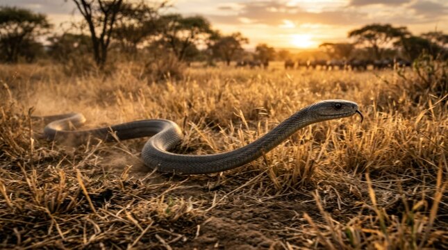 A snake slithers through dry grass in a savannah at sunset.