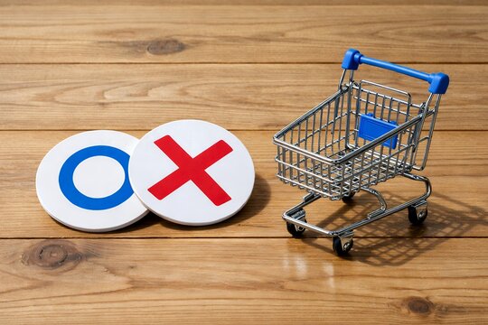 買い物カートと丸バツマークで表現する商品選択の良し悪しを判断する比較イメージ