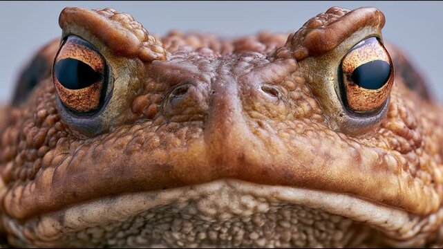 Striking Close-up Portrait of a Common Toad's Face with Textured Warty Skin and Intense Orange Eyes