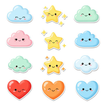 Cute Kawaii Clouds, Stars, and Hearts Stickers Set