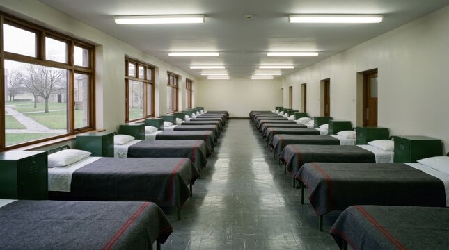 Dormitory Interior - Rows of Beds and Windows in a Long Room.