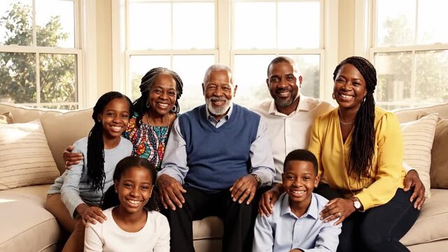 Black Family Smiles On Sofa Sunlit Living Room, Grandparents, Parents And Children Gathered For Candid Portrait Grandmother Matriarch Sharing Stories, Father Host, Siblings Laughing, Cozy Cushions,