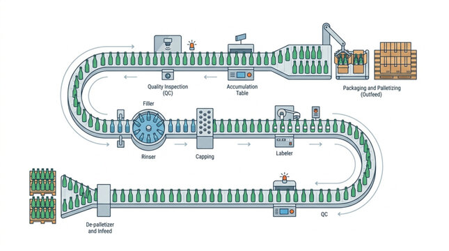 Automated Beverage Production Line with Bottles and Packaging.