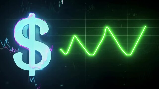Neon dollar sign transitions from pink to blue, accompanied by fluctuating green line graph, illustrating financial trends in a digital environment with dark background