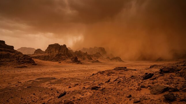 Dust Storm Engulfs Martian Landscape - A Dramatic Scene of Red Planets Fury.