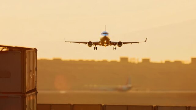 Airplane approaches landing over stacked shipping containers at sunset, showcasing the gradual descent and alignment with the runway in a busy airport environment