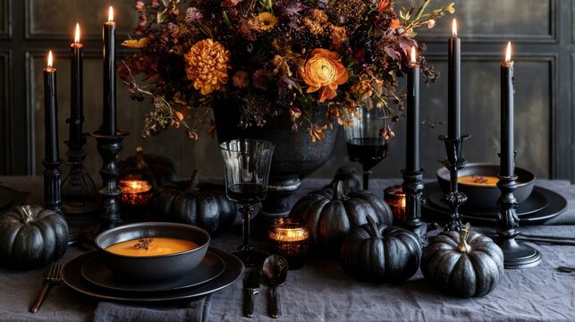 Halloween-Esstisch mit schwarzen Kerzen, K&uuml;rbissuppen-Schalen und Herbstblumen