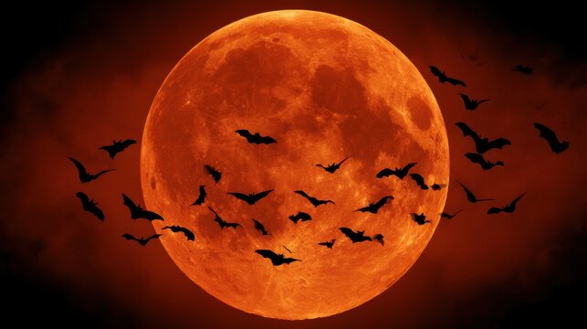 Gruppe kleiner Flederm&auml;use fliegt vor riesigem orangem Erntemond