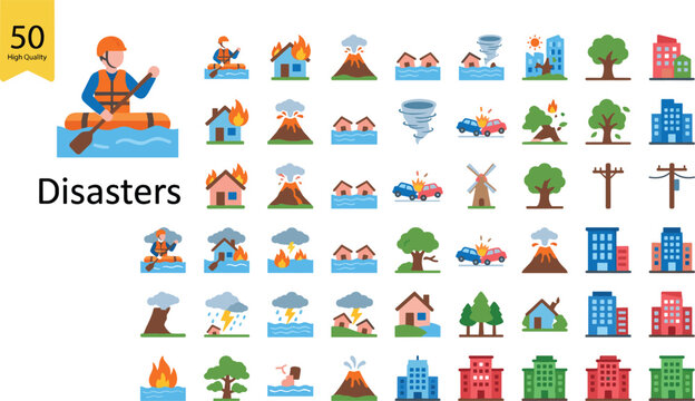Disaster Icon Set with Natural Calamities, Fire, Flood, Earthquake, and Rescue for Emergency, Safety, and Relief Designs