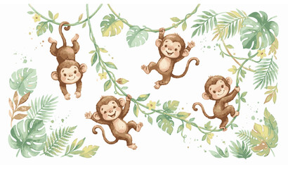 Cute watercolor monkeys swinging on jungle vines illustration for nursery and safari designs © MstLutfa