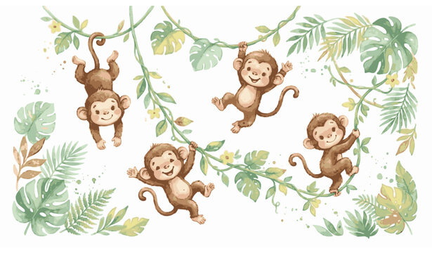 Cute watercolor monkeys swinging on jungle vines illustration for nursery and safari designs