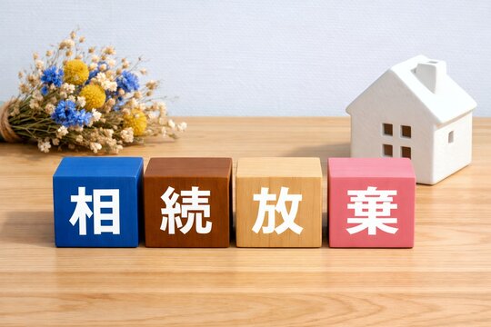相続・放棄の選択肢を示す木製ブロックと家のオブジェが意思決定の重要性を表すイメージ