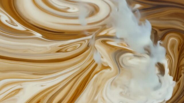 Cream being poured into a swirling mixture of coffee and milk, creating intricate patterns and textures in a close-up shot of a beverage preparation process