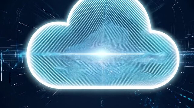 Digital cloud symbol emerges from a burst of light and lines, showcasing a futuristic design with glowing elements and a dark background in a seamless progression of frames