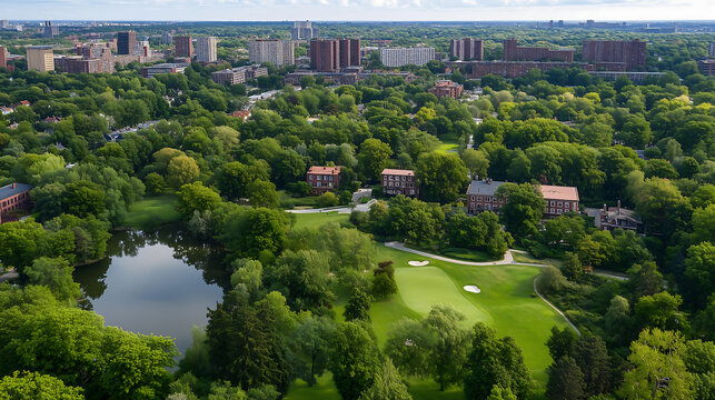 Lush course and lake frame a modern skyline under bright sky, calm drone video with fairways bunkers trees and summer city view in 4k.