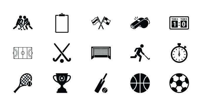 Minimalist sports icon set with 15 black vector symbols, athletic equipment and competition signs, professional field hockey and soccer flat icons