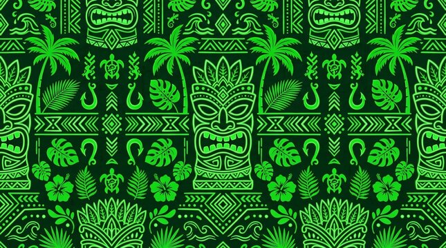 Vibrant green Tiki mask and tropical foliage seamless pattern illustration on dark background