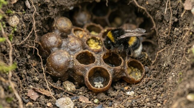 A bumblebee on a nest with eggs and larvae.