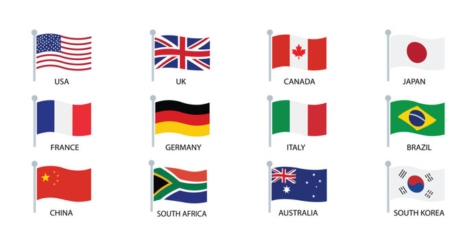 World Country Flags Icon Set. International National Flag Collection with USA, UK, Canada, Japan and Global Nations Vector Illustration