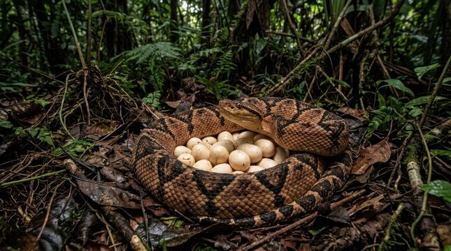 A snake with eggs in a nest in the jungle.