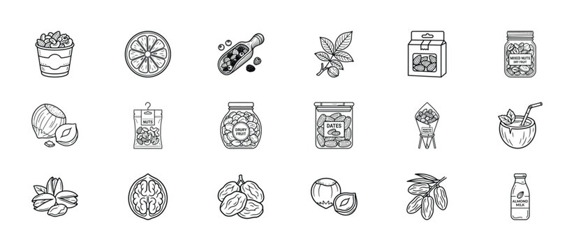 Minimalist nut and seed icons set, 18 linear vector illustrations of superfoods and healthy snacks, black and white outline food symbols for packaging