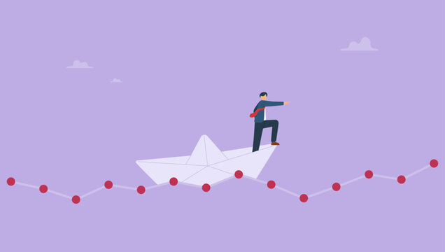 Investors standing in paper boat on fluctuated market chart. Leadership to success business, investment volatility metaphor, financial stock market fluctuation rising up and falling down concept.