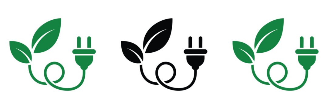Eco power plug icons with green leaves, eco-friendly electrical plug symbols combining nature and cable elements, representing sustainable energy and green technology concepts.