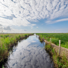 The Rozé Canal with traditional barges in the Brière Nature Park, France © serge