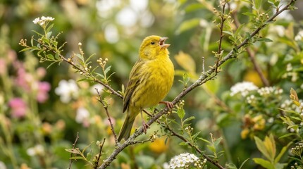 Obraz premium A yellow bird perched on a branch amidst green foliage and white flowers.