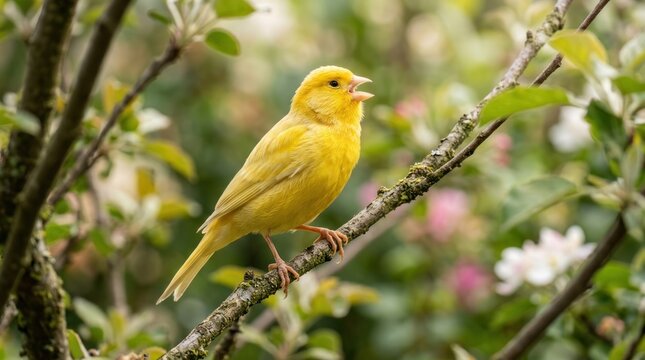 A yellow canary perched on a branch with green leaves. The bird's vibrant yellow color stands out against the greenery. The canary's beak is open, possibly singing or calling.
