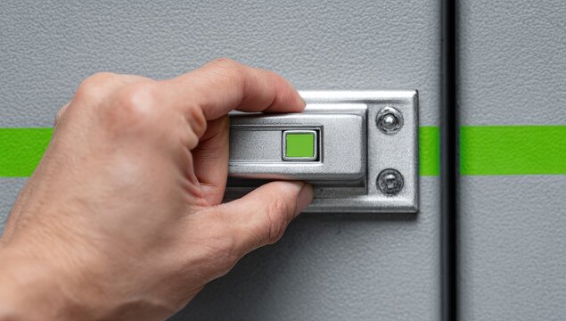 Hand activating a scanner on a textured grey surface with a green stripe