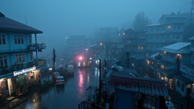 Moody evening scene of a rainy mountain town street with dense fog