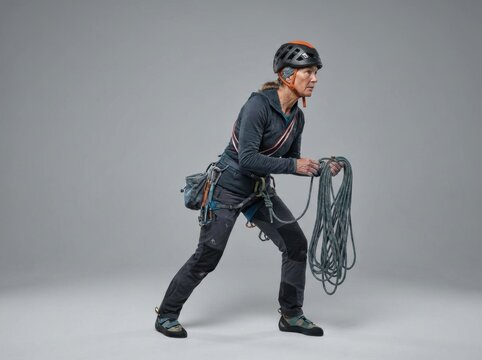 A determined female rock climber, equipped with a helmet, harness, and coiled rope, readies herself for an ascent against a muted, unadorned backdrop, showcasing her athletic readiness