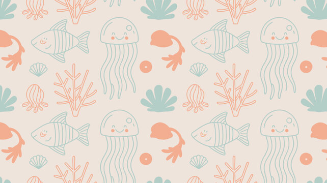 Colorful ocean creatures pattern with fish and jellyfish
