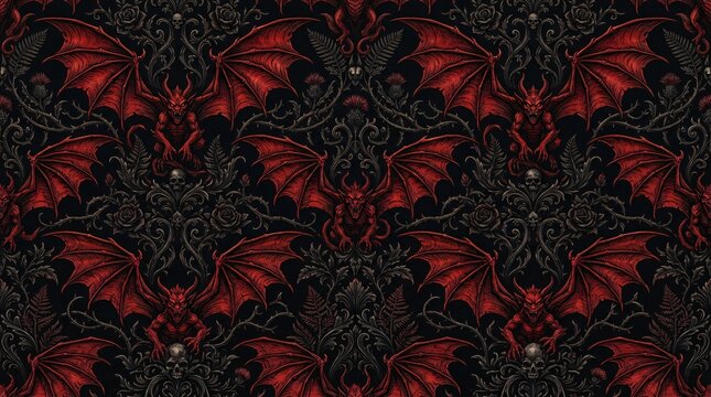 Red winged demon creature with gothic floral pattern and skulls dark fantasy illustration