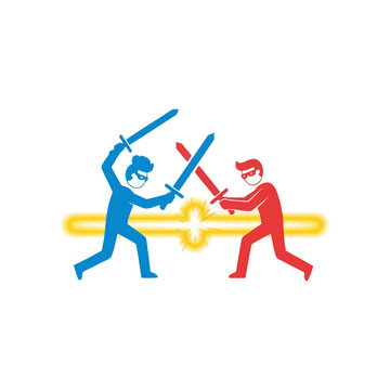Two stylized figures engaged in a sword fight on a white background, representing conflict or competition
