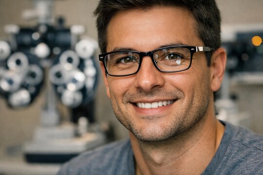 Portrait of Patient with New Eyeglasses at Optician Office with Advanced Eye Testing Equipment.