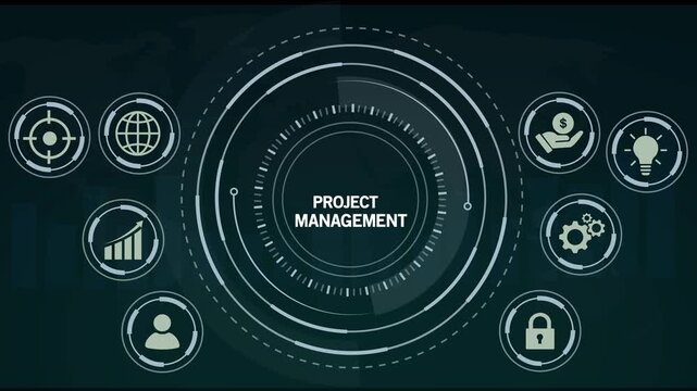 A circular digital interface prominently displays the phrase PROJECTMANAGEMENT in its center, surrounded by a radial graph and various business-related icons on a dark teal