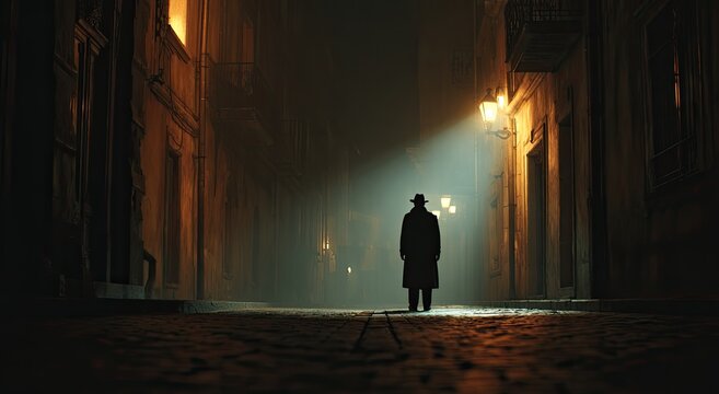 Solitary figure in trench coat stands in dimly lit cobblestone alleyway