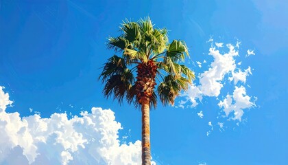 Obraz premium A tall palm tree stands in the center of the image, against a vibrant blue sky dotted with fluffy white clouds