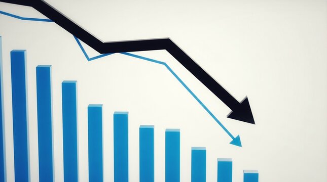 A 3D bar graph illustrates a significant decrease in value, accompanied by a bold black arrow pointing downwards, symbolizing a negative trend
