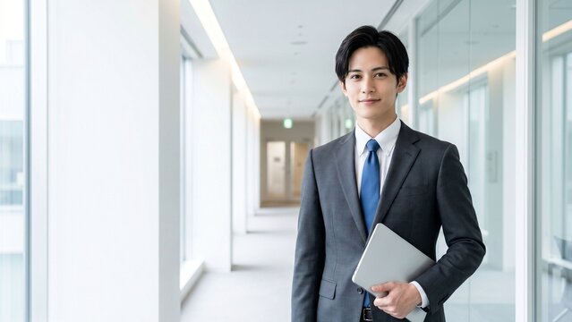 明るく清潔感のあるオフィス廊下でノートパソコンを抱えて立つ若いビジネスマンのポートレート。スーツ姿と落ち着いた表情が信頼感と知性を印象づける、採用、企業案内、営業、キャリア、ビジネスコミュニケーションに適した現代的な人物イメージ