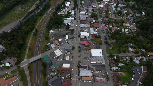 Aerial view of the small town of Garberville featuring commercial buildings, residential rooftops, and the Highway 101 corridor Garberville, California, United States.