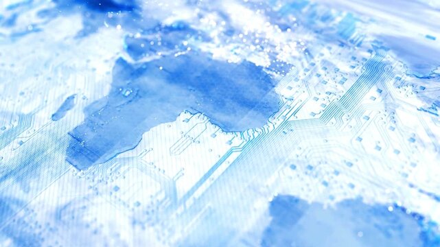 Abstract world map graphic displaying glowing blue digital electronic circuit board lines flowing through continents in constant motion on white background.